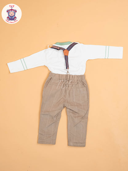 White & Brown - Full Sleeves T-Shirts & Pant With Suspender Set