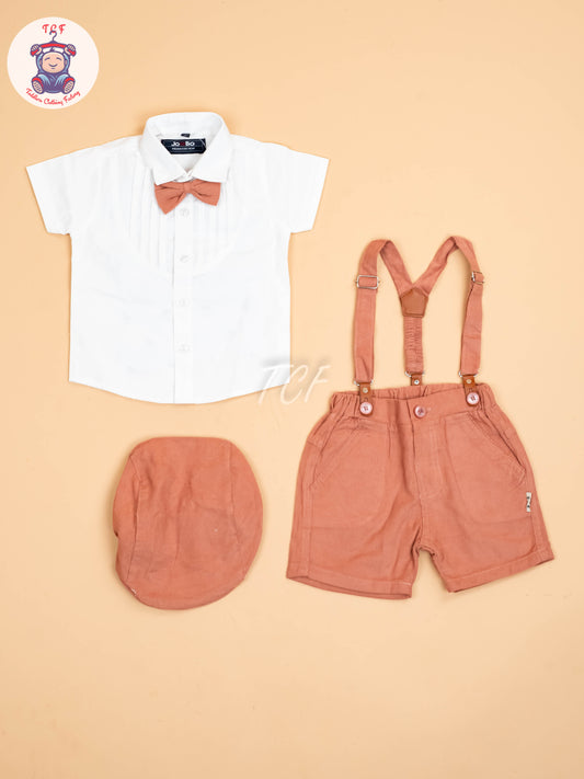 White & Brown-Half Sleeves Shirts & Shorts Set With Suspender & Bow