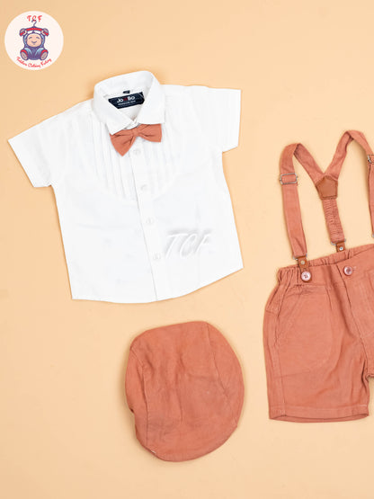White & Brown-Half Sleeves Shirts & Shorts Set With Suspender & Bow