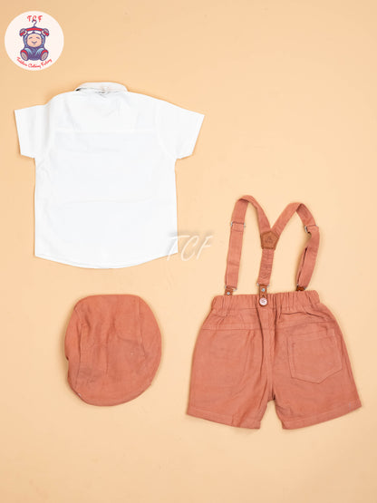 White & Brown-Half Sleeves Shirts & Shorts Set With Suspender & Bow