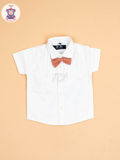 White & Brown-Half Sleeves Shirts & Shorts Set With Suspender & Bow