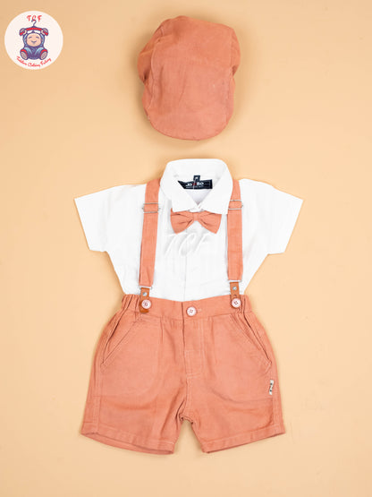 White & Brown-Half Sleeves Shirts & Shorts Set With Suspender & Bow