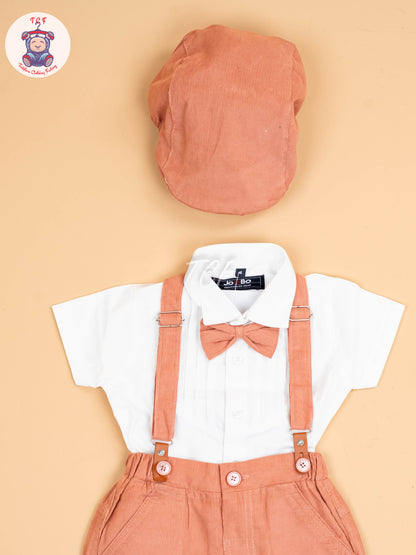 White & Brown-Half Sleeves Shirts & Shorts Set With Suspender & Bow