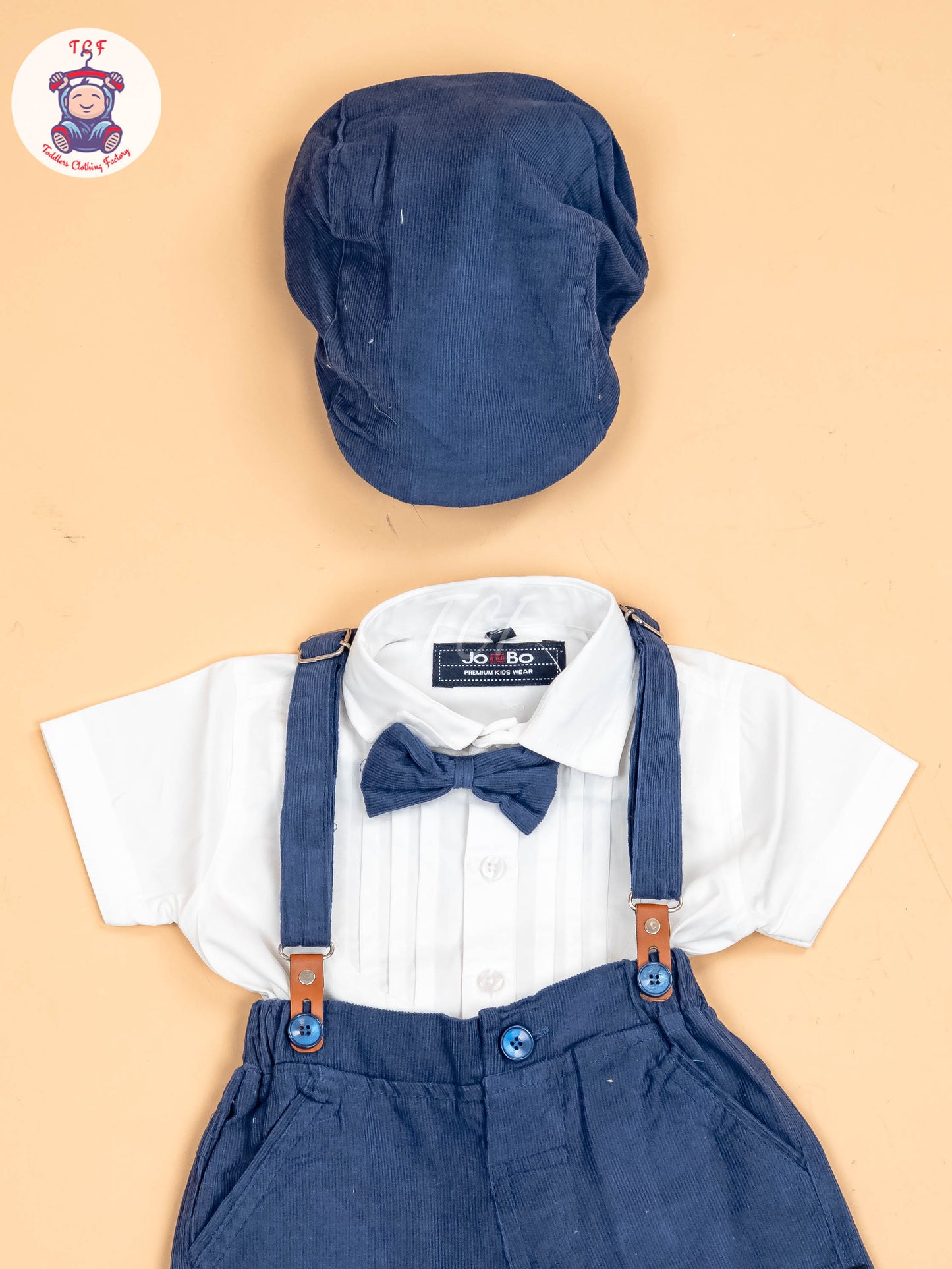 White & Blue - Half Sleeves Shirts & Shorts Set With Suspender & Bow