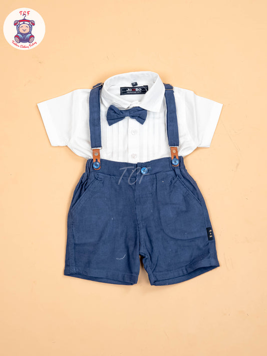 White & Blue - Half Sleeves Shirts & Shorts Set With Suspender & Bow