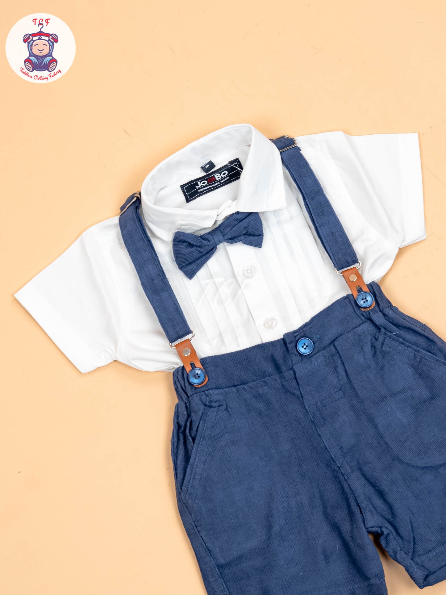 White & Blue - Half Sleeves Shirts & Shorts Set With Suspender & Bow