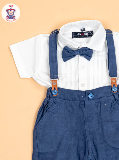 White & Blue - Half Sleeves Shirts & Shorts Set With Suspender & Bow