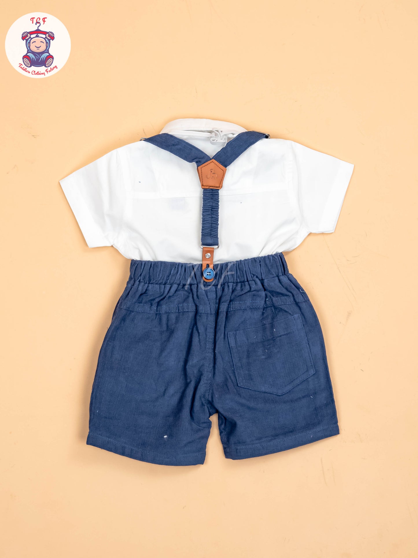White & Blue - Half Sleeves Shirts & Shorts Set With Suspender & Bow