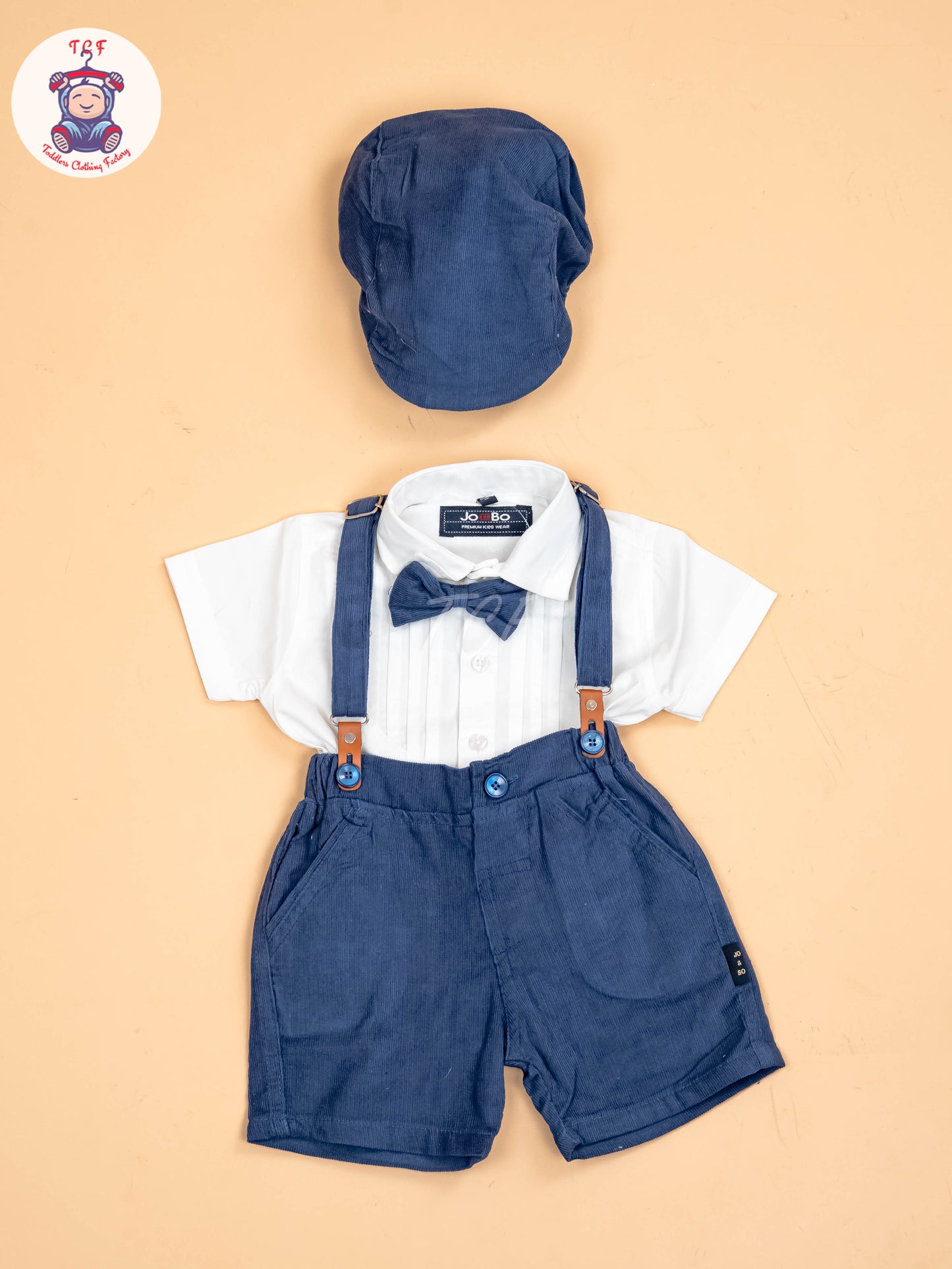 White & Blue - Half Sleeves Shirts & Shorts Set With Suspender & Bow