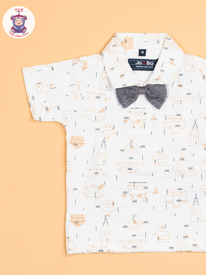 White & Grey -  Half Sleeves Shirts & Shorts Set With Suspender & Bow