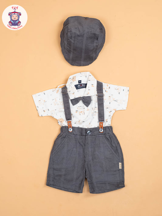 White & Grey -  Half Sleeves Shirts & Shorts Set With Suspender & Bow