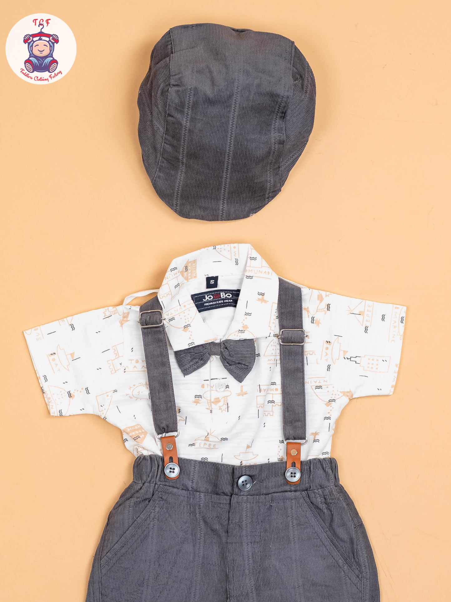 White & Grey -  Half Sleeves Shirts & Shorts Set With Suspender & Bow