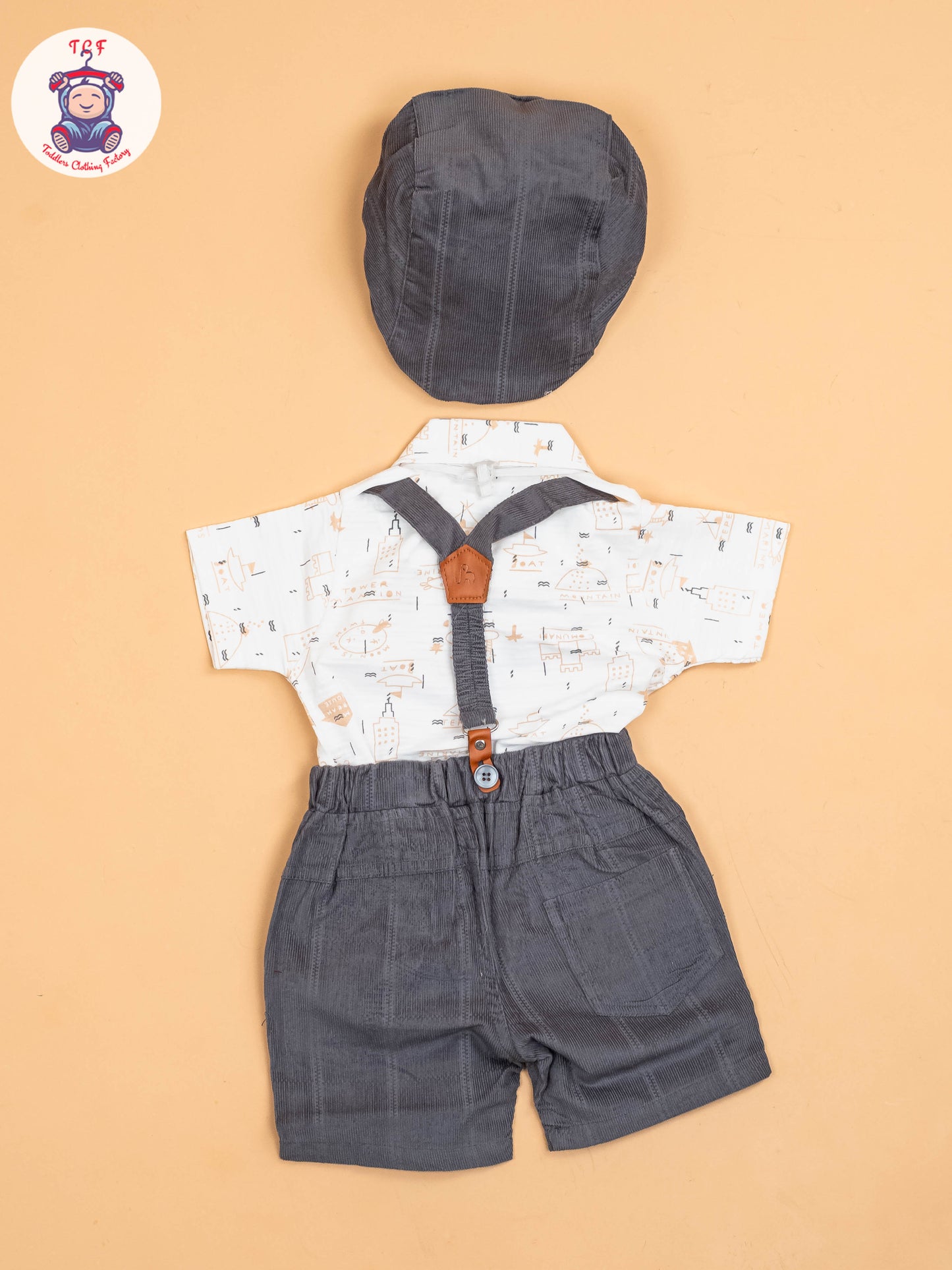 White & Grey -  Half Sleeves Shirts & Shorts Set With Suspender & Bow