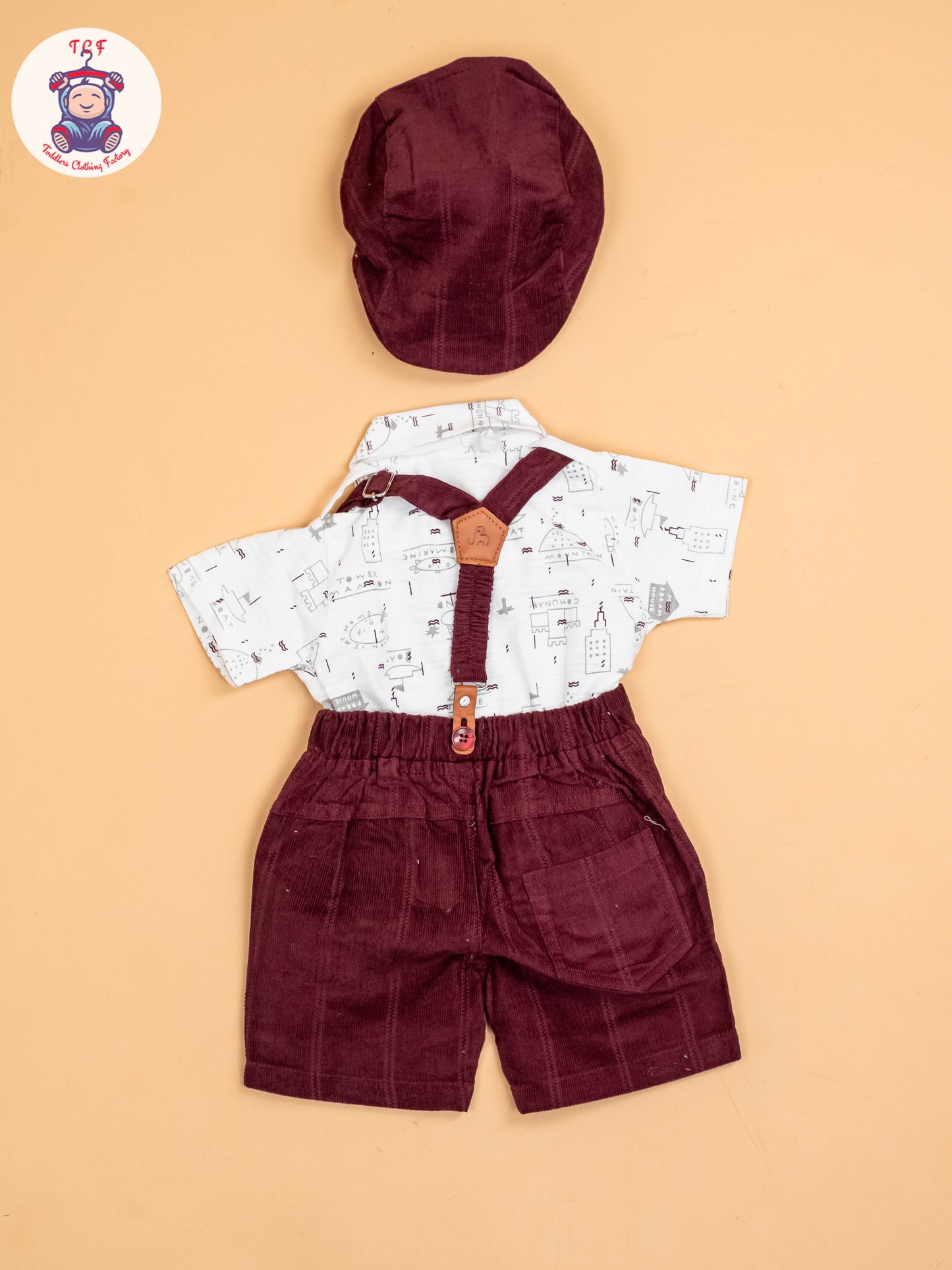 White & Maroon - Half Sleeves Shirts & Shorts Set With Suspender & Bow