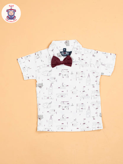 White & Maroon - Half Sleeves Shirts & Shorts Set With Suspender & Bow