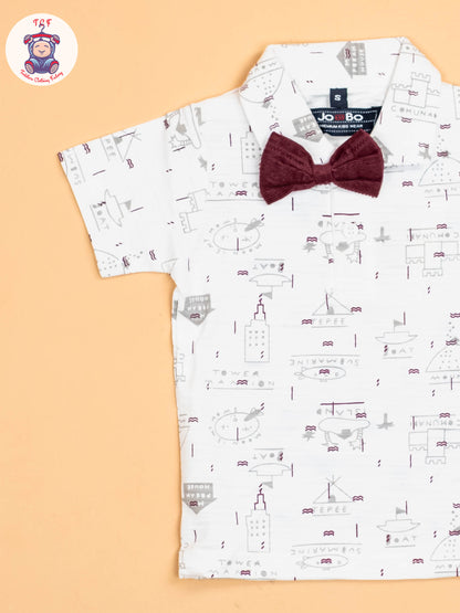 White & Maroon - Half Sleeves Shirts & Shorts Set With Suspender & Bow