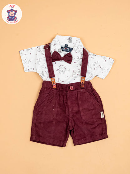 White & Maroon - Half Sleeves Shirts & Shorts Set With Suspender & Bow
