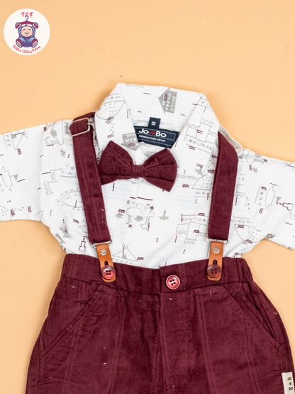 White & Maroon - Half Sleeves Shirts & Shorts Set With Suspender & Bow