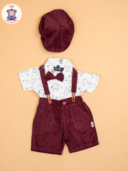 White & Maroon - Half Sleeves Shirts & Shorts Set With Suspender & Bow