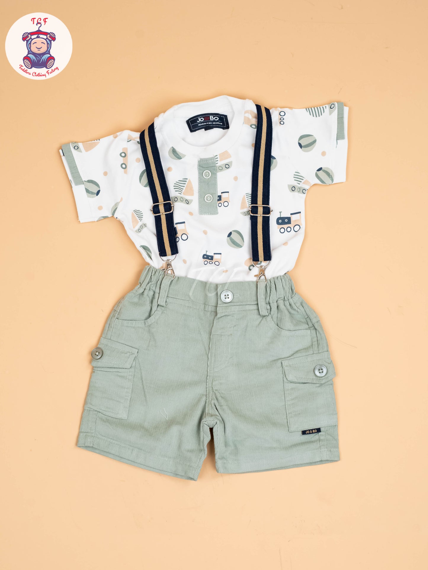 White & Grey -  Half Sleeves T-Shirts & Shorts Set With Suspender Sets