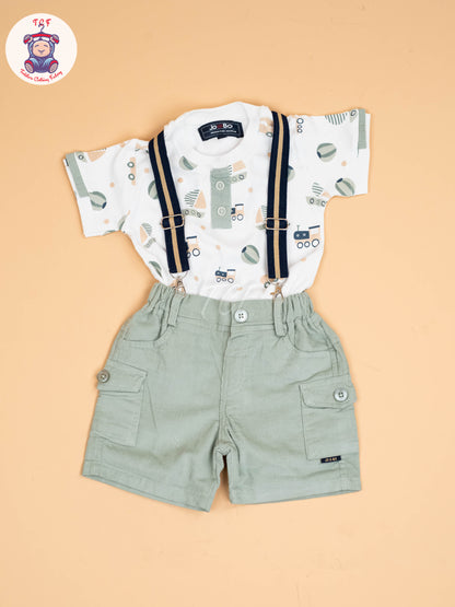 White & Grey -  Half Sleeves T-Shirts & Shorts Set With Suspender Sets