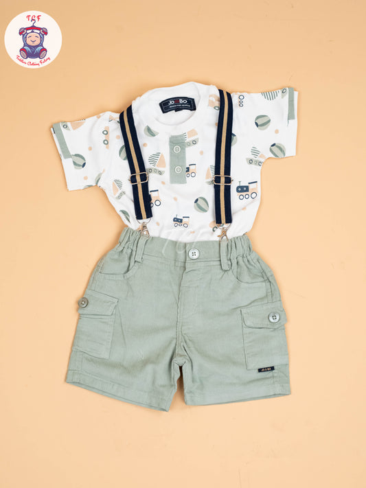 White & Grey -  Half Sleeves T-Shirts & Shorts Set With Suspender Sets