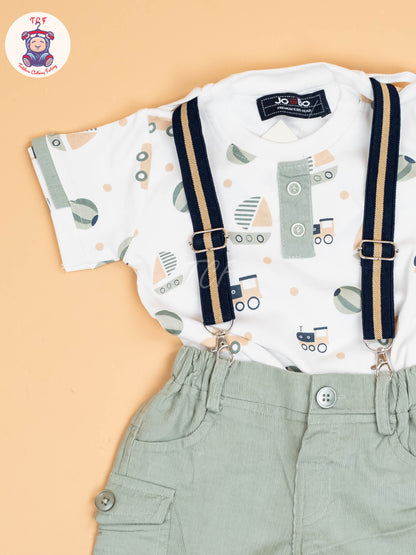 White & Grey -  Half Sleeves T-Shirts & Shorts Set With Suspender Sets