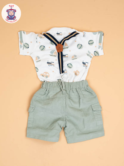 White & Grey -  Half Sleeves T-Shirts & Shorts Set With Suspender Sets