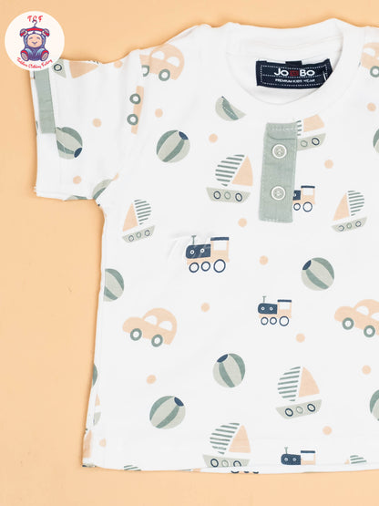 White & Grey -  Half Sleeves T-Shirts & Shorts Set With Suspender Sets