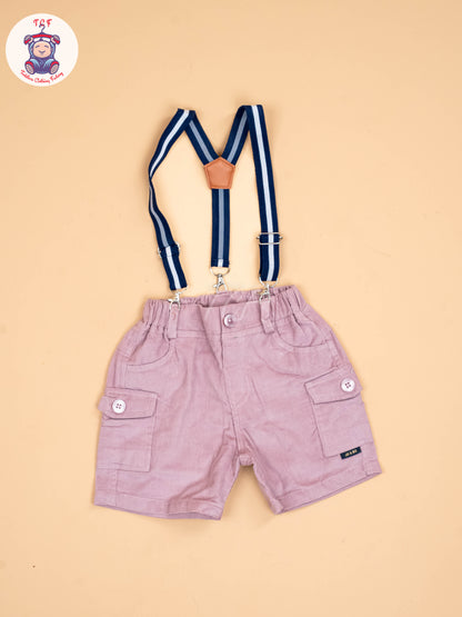 White & Light Pink - Half Sleeves Shirts & Shorts Set With Suspender & Bow