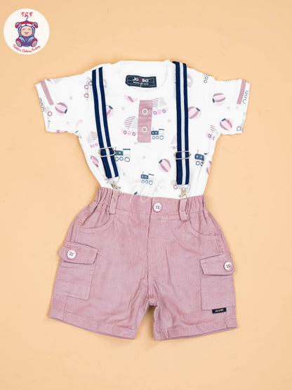 White & Light Pink - Half Sleeves Shirts & Shorts Set With Suspender & Bow