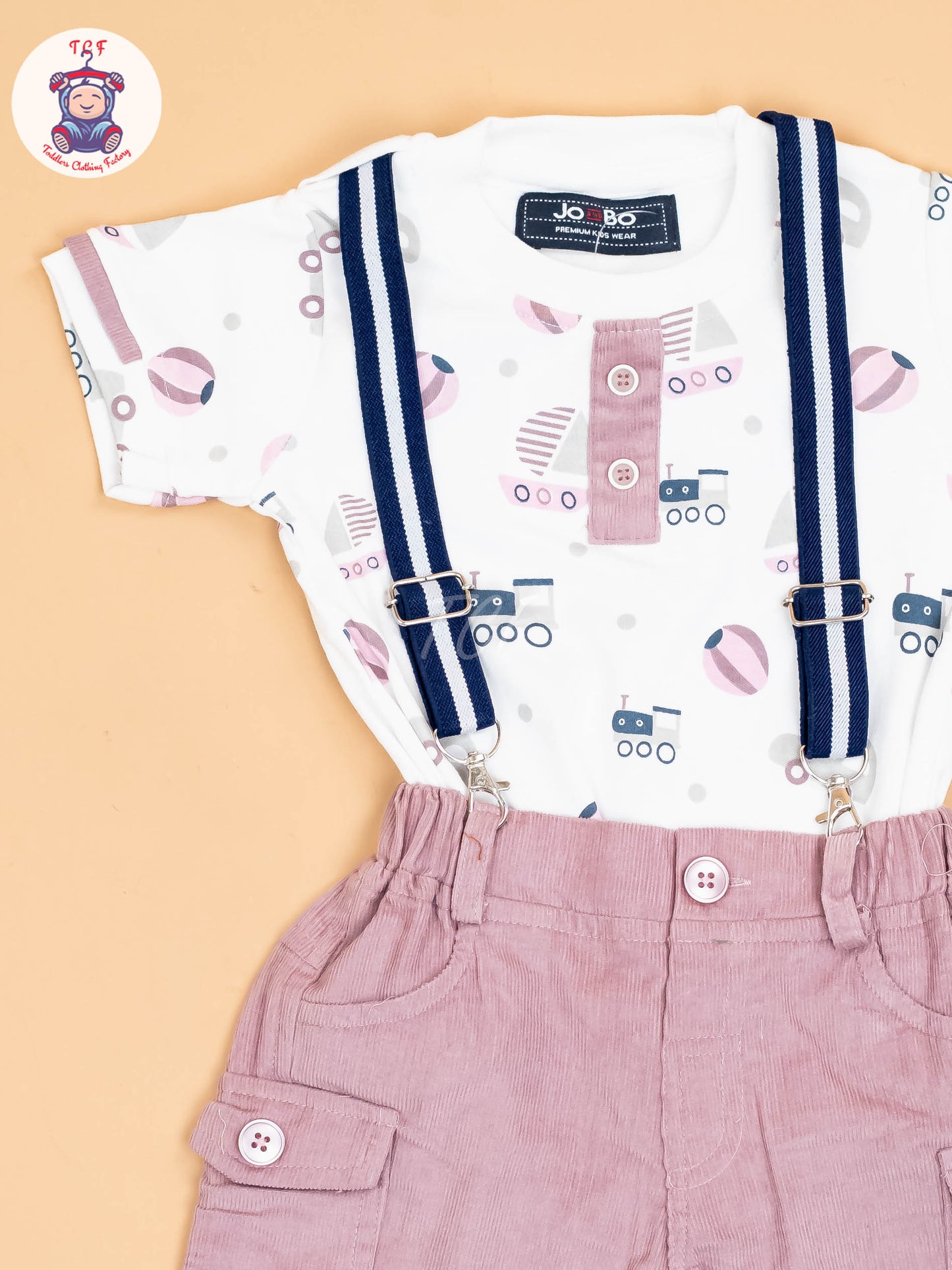 White & Light Pink - Half Sleeves Shirts & Shorts Set With Suspender & Bow