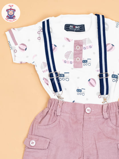 White & Light Pink - Half Sleeves Shirts & Shorts Set With Suspender & Bow