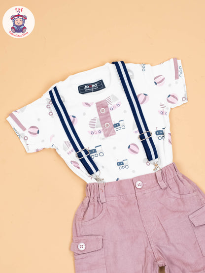 White & Light Pink - Half Sleeves Shirts & Shorts Set With Suspender & Bow