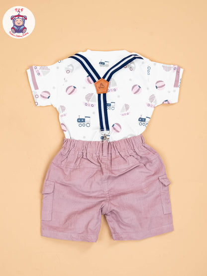 White & Light Pink - Half Sleeves Shirts & Shorts Set With Suspender & Bow