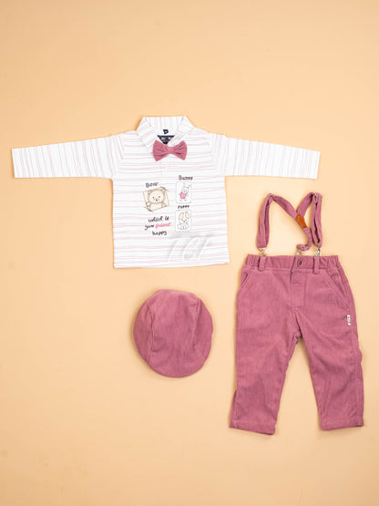 White & Pink -Full Sleeves Shirts & Pants With Suspender & Bow
