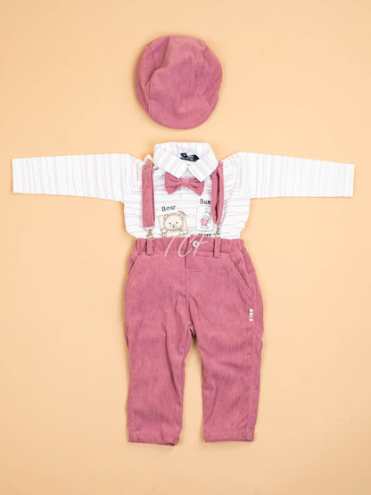 White & Pink -Full Sleeves Shirts & Pants With Suspender & Bow