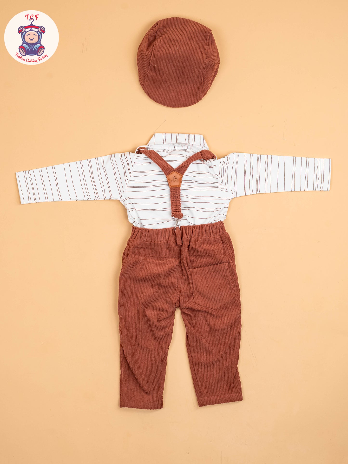 White & Brown-Full Sleeves Shirts & Pants With Suspender & Bow