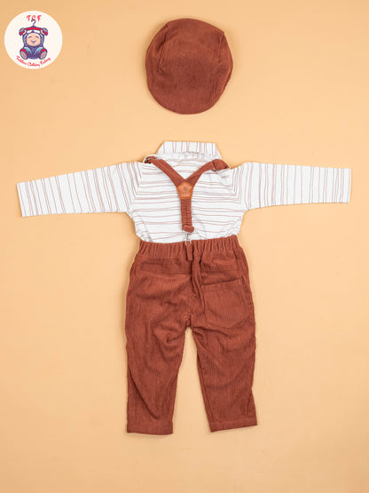 White & Brown-Full Sleeves Shirts & Pants With Suspender & Bow