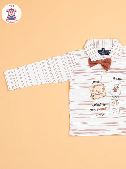 White & Brown-Full Sleeves Shirts & Pants With Suspender & Bow