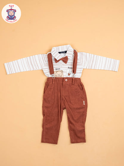 White & Brown-Full Sleeves Shirts & Pants With Suspender & Bow