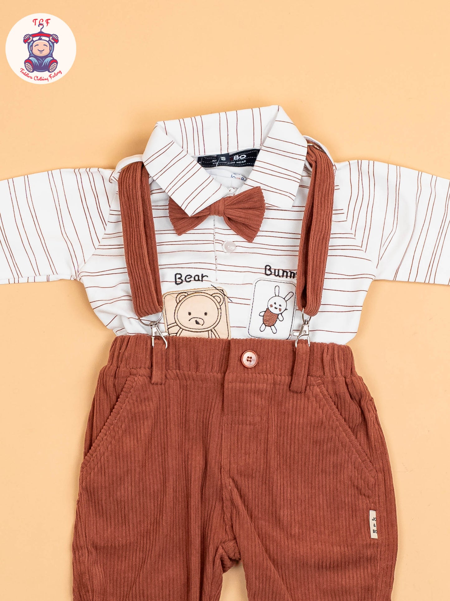 White & Brown-Full Sleeves Shirts & Pants With Suspender & Bow