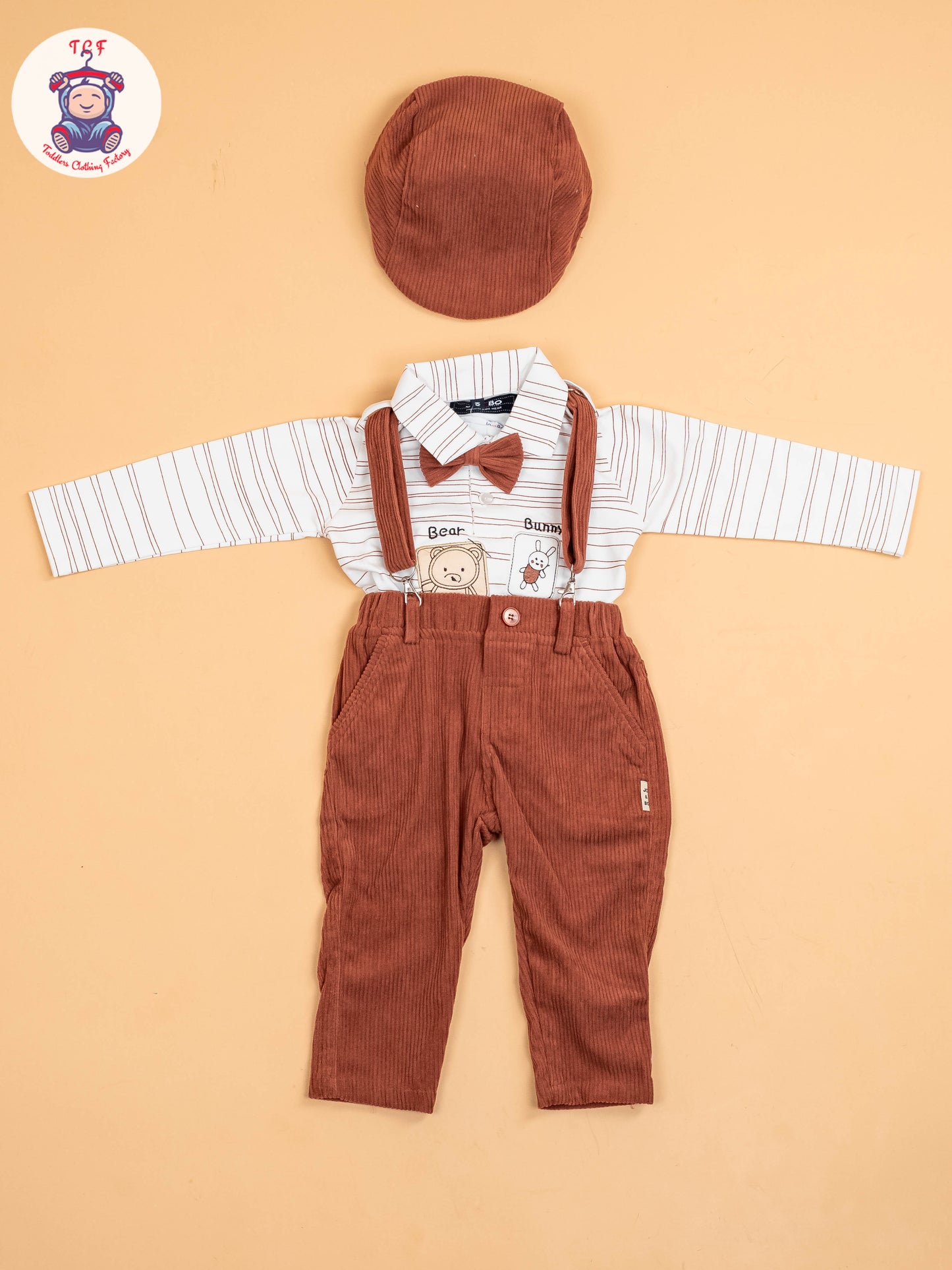 White & Brown-Full Sleeves Shirts & Pants With Suspender & Bow