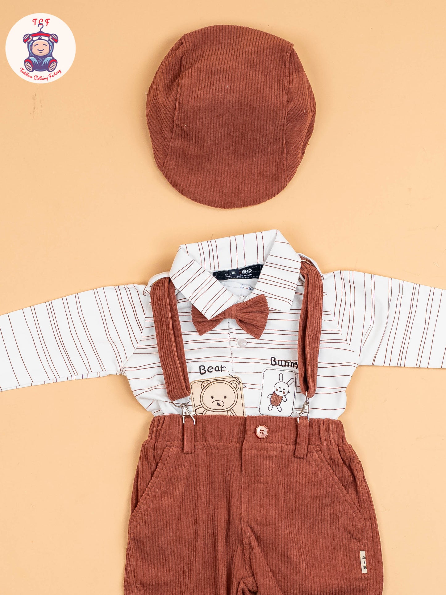 White & Brown-Full Sleeves Shirts & Pants With Suspender & Bow