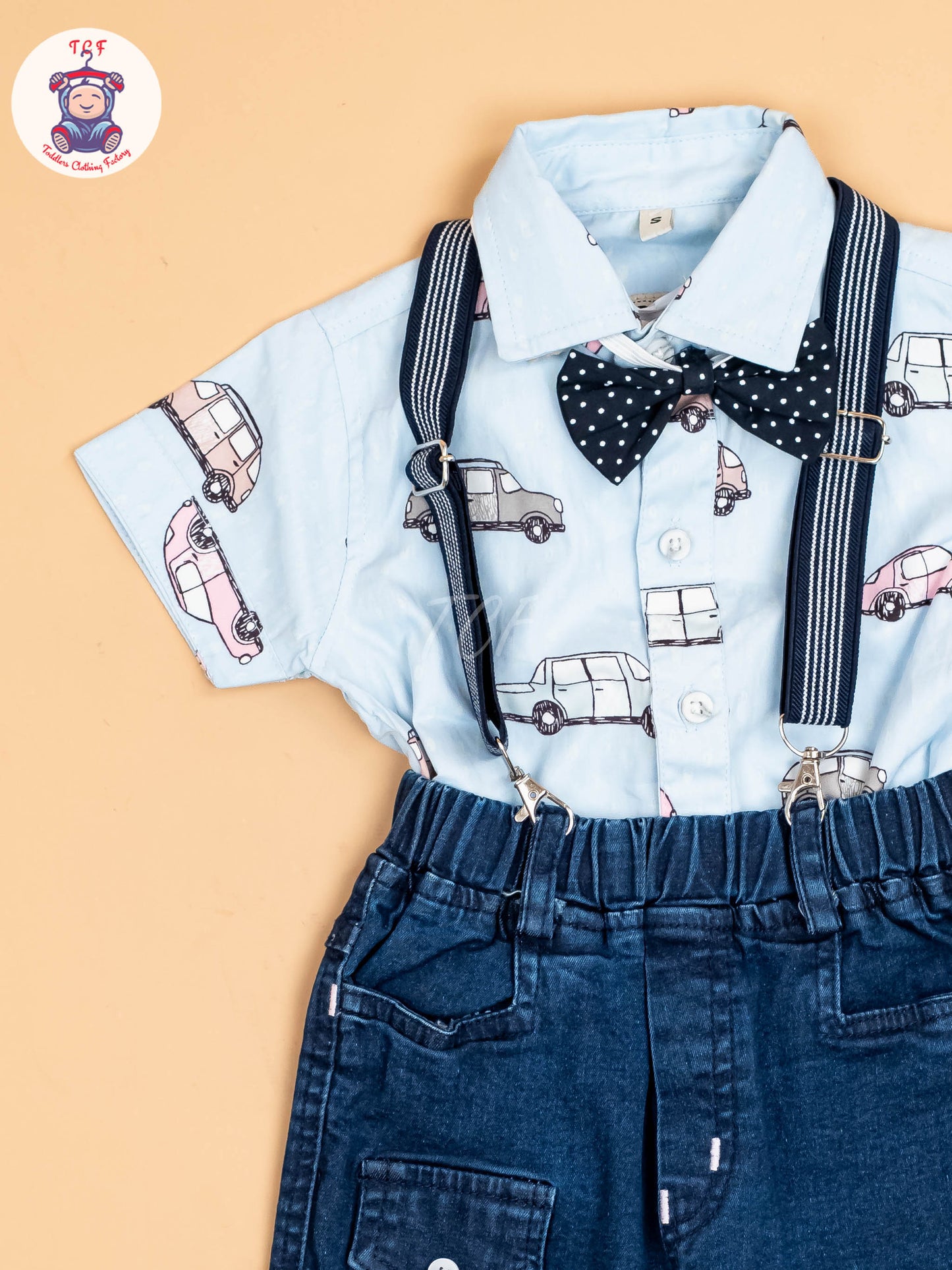 Sky Blue & Denim - Half Sleeves Shirts & Shorts Set With Suspender Sets