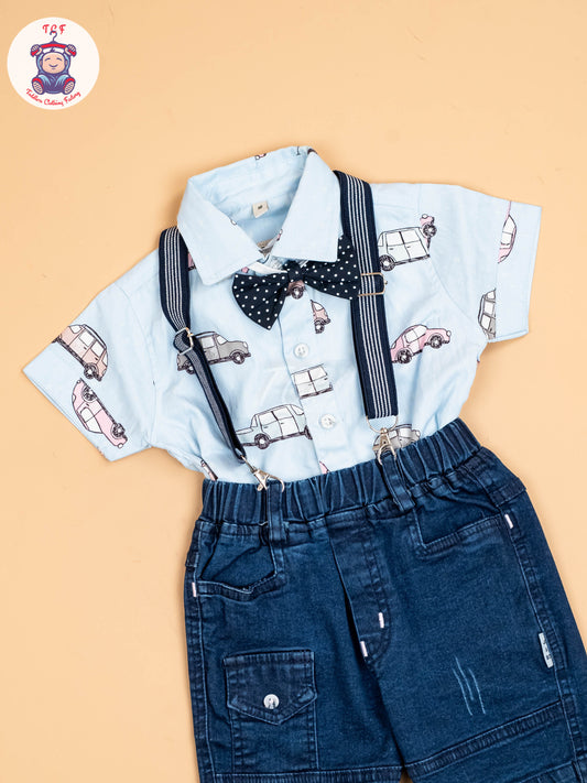 Sky Blue & Denim - Half Sleeves Shirts & Shorts Set With Suspender Sets