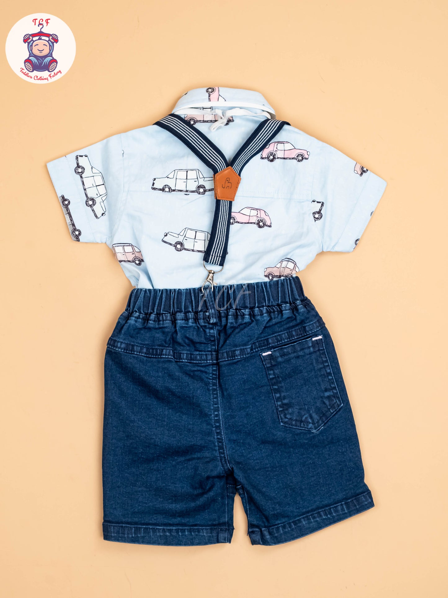 Sky Blue & Denim - Half Sleeves Shirts & Shorts Set With Suspender Sets