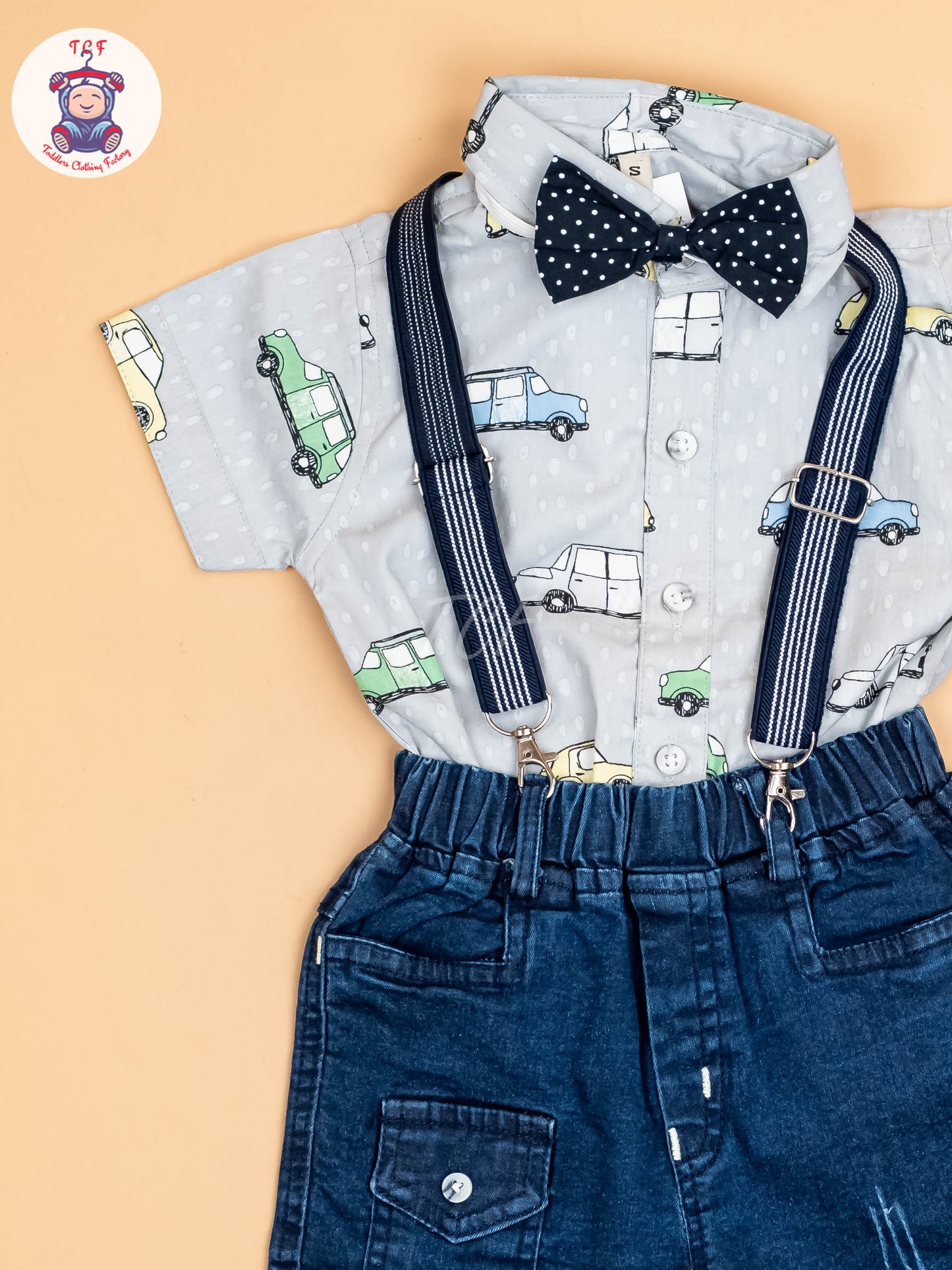 Sky Blue & Denim - Half Sleeves Shirts & Shorts Set With Suspender Sets