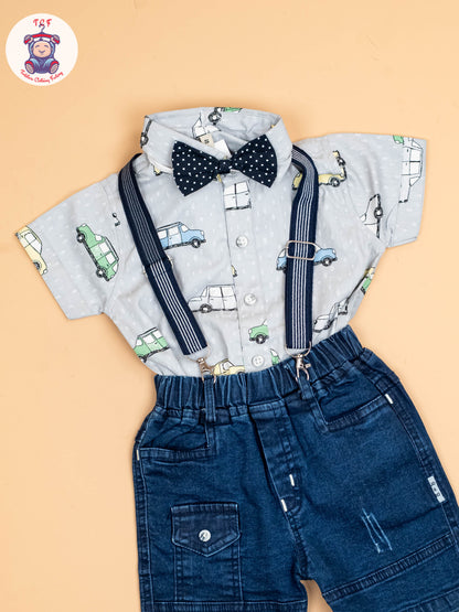 Sky Blue & Denim - Half Sleeves Shirts & Shorts Set With Suspender Sets