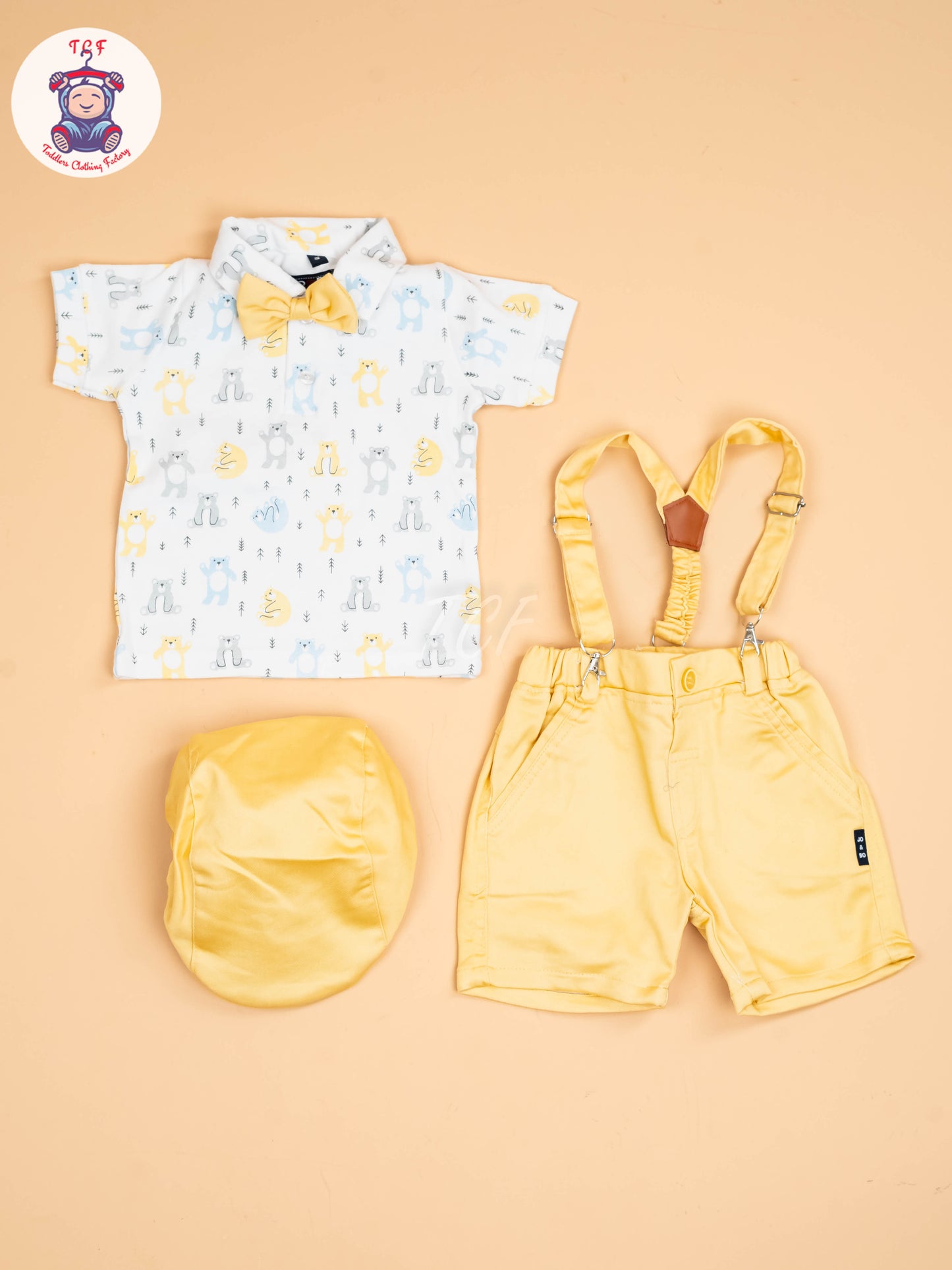 White & Yellow- Half Sleeves Shirts & Shorts Set With Suspender & Bow